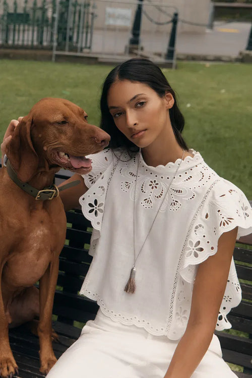 Lilou French Cutwork Embroidery Ruffle-Sleeve Top in Cotton & Linen