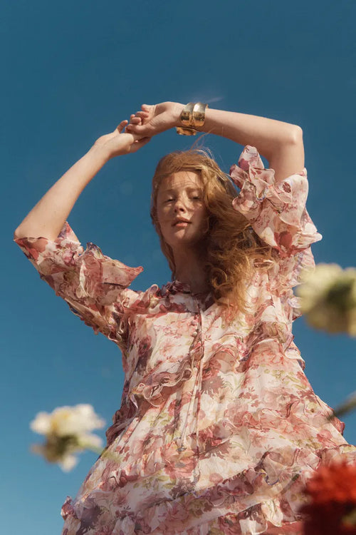 Annette Tiered Ruffle Hand-Painted Print Dress in Sheer Chiffon