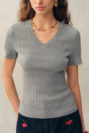 Evie V Neck Pointelle Short Sleeve Top in Cotton Knit