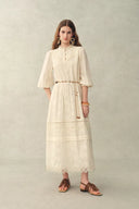Lyra Embroidery Beaded Waist Puff Sleeve Dress in Cotton Jacquard with Lace XL