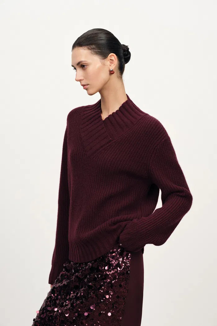 Scarlett Crossover V Neck Sweater in Merino Wool Cashmere Rib Knit
