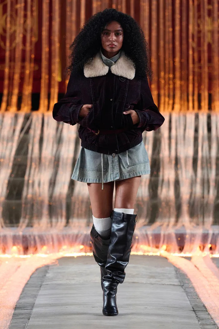 Veronica  Faux Fur Collar Quilted Jacket in Flocked Denim