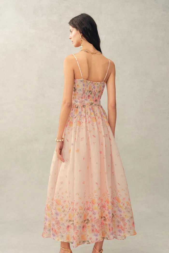 elegant organza floral embroidered dress HAPPY CLOTHING IVORY FLORAL ORGANZA MAXI DRESS WITH COLORFUL BUTTERFLIES IN White