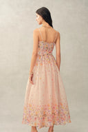 Lilac Handpainted Floral Smocked Belted Strap Dress in Silk Linen Organza