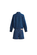 Colette Gestreifte Gewaschene Blaue Jacke mit Pattentaschen und Shorts aus Fischgrät-Denim