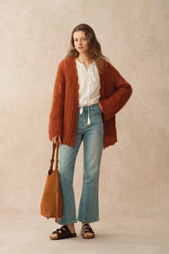 Aki Scalloped Neckline Sheer Cardigan in Lightweight Cable Mohair Knit