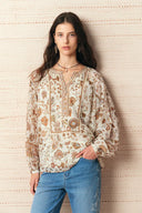 Blusa Vila con maniche a sbuffo floreale ispirata alla Persia in misto cupro