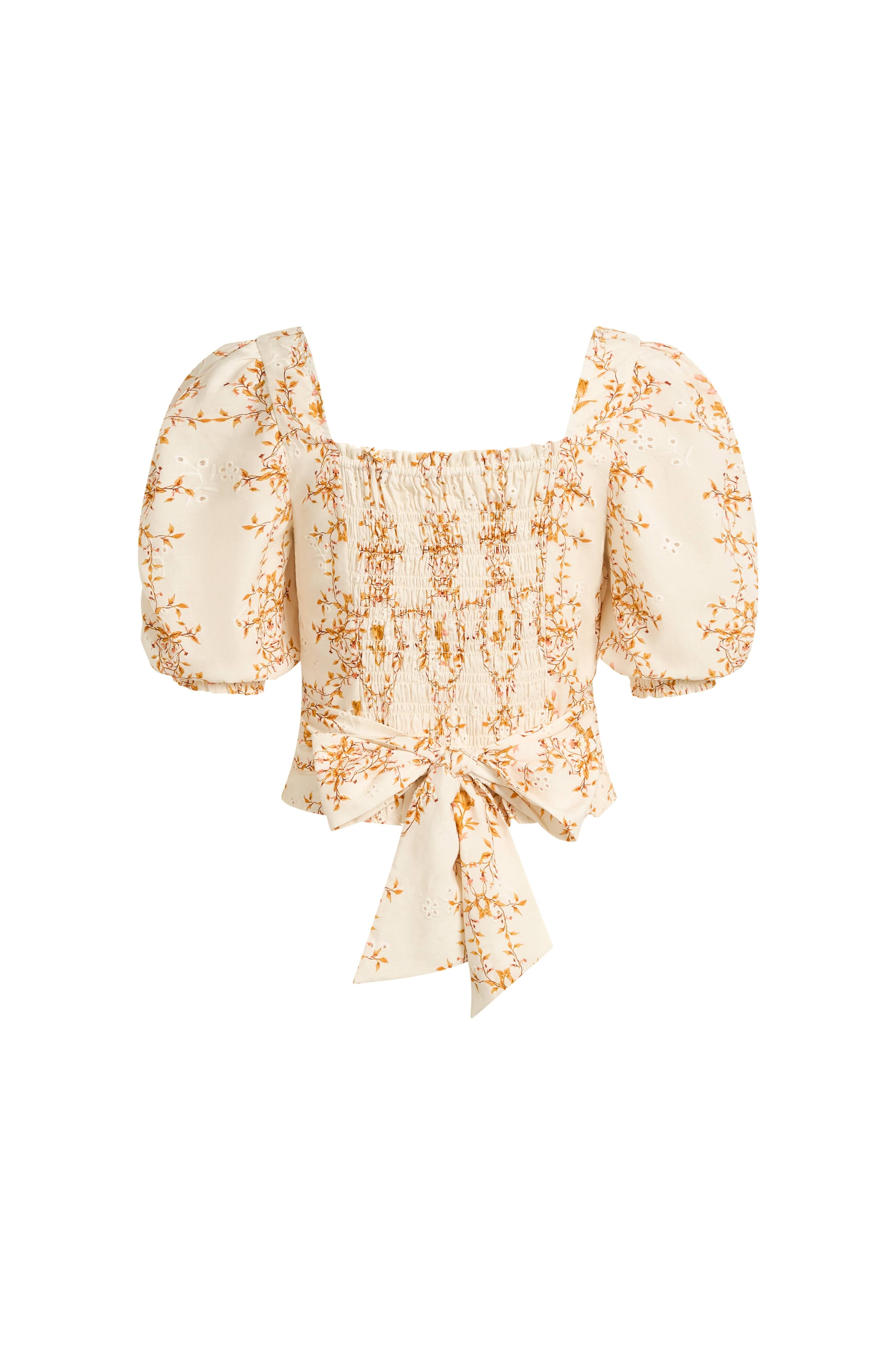 Winnie Floral Embroidery Ruched Puff Sleeve Top in Linen Blend