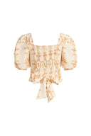 Top à manches bouffantes froncées avec broderie florale Winnie en mélange de lin