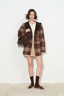 Aeliana Plaid Hooded Midi Coat in Red Brown Wool Blend