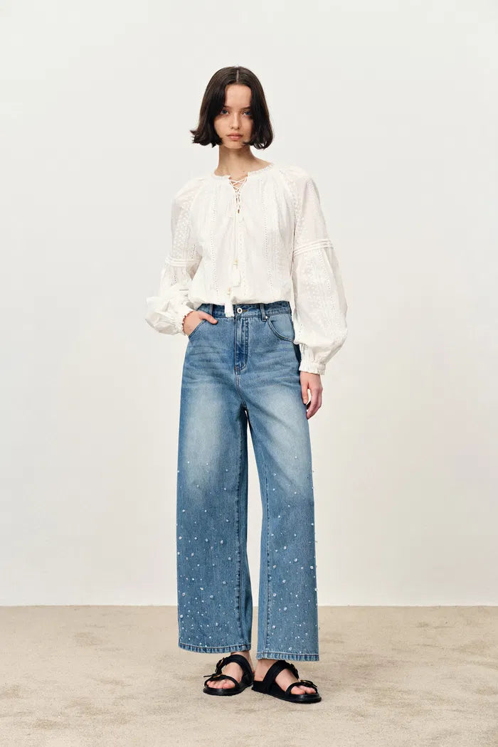 Lulia Raindrop Hand-Beaded Roomy Straight Leg Jeans in Cotton Denim