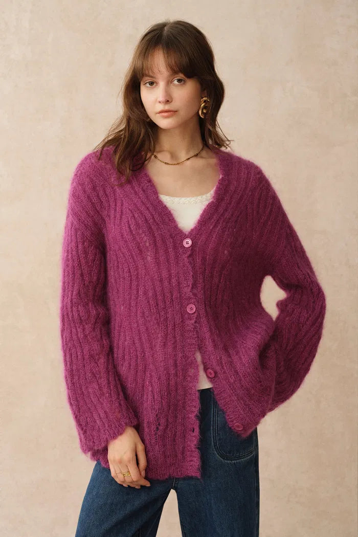 Aki Scalloped Neckline Sheer Cardigan in Lightweight Cable Mohair Knit