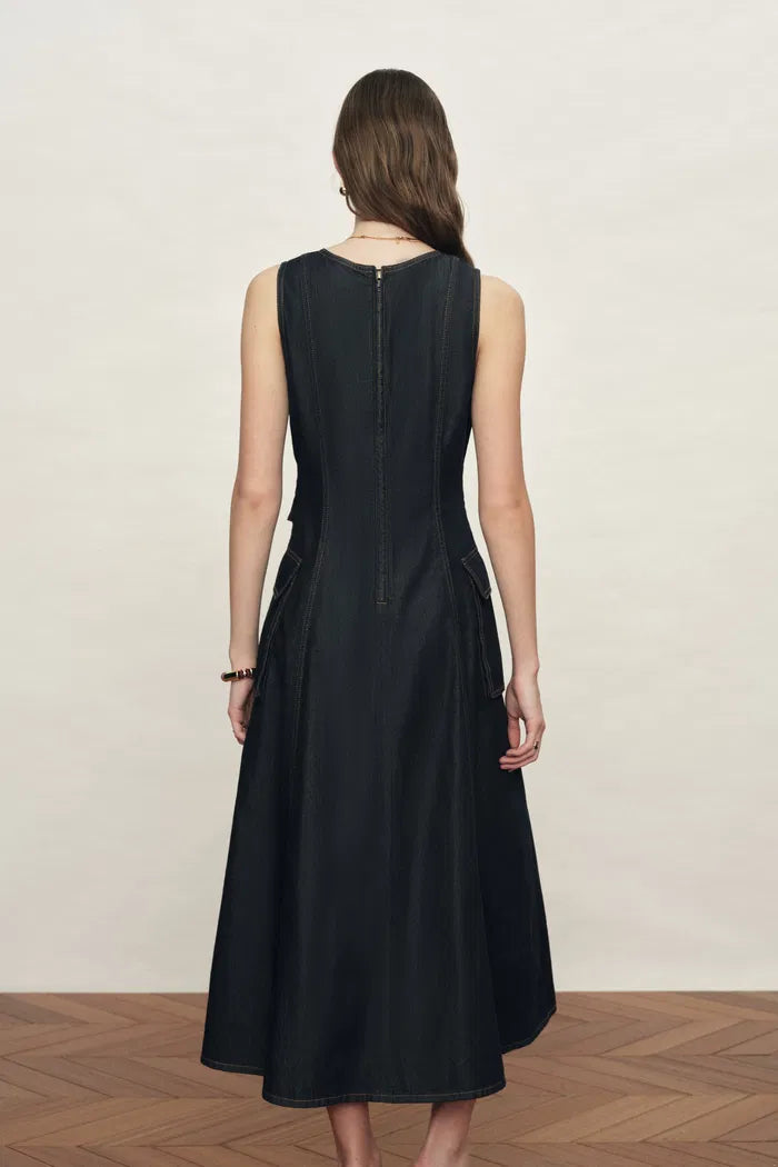 a line cotton dress Sadie Lightweight Washed Sleeveless A line Dress in Cotton Denim M