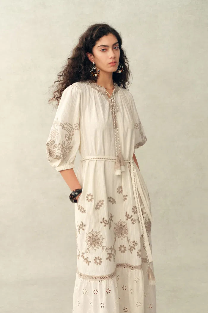 boho cotton midi dress R.Vivimos Womens Summer Cotton Boho Midi Dress 2026 Spaghetti Strap Floral Embroidered Smocked Tiered Flowy Long Dresses (Small, Beige) at Amazon Women's Clothing store