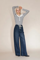 Olive Striped Drawstring Straight Leg Jeans in Striped Denim