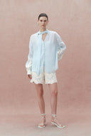 Paz Blue Embroidered Top and Short Matching Set in Silk-Linen Blend