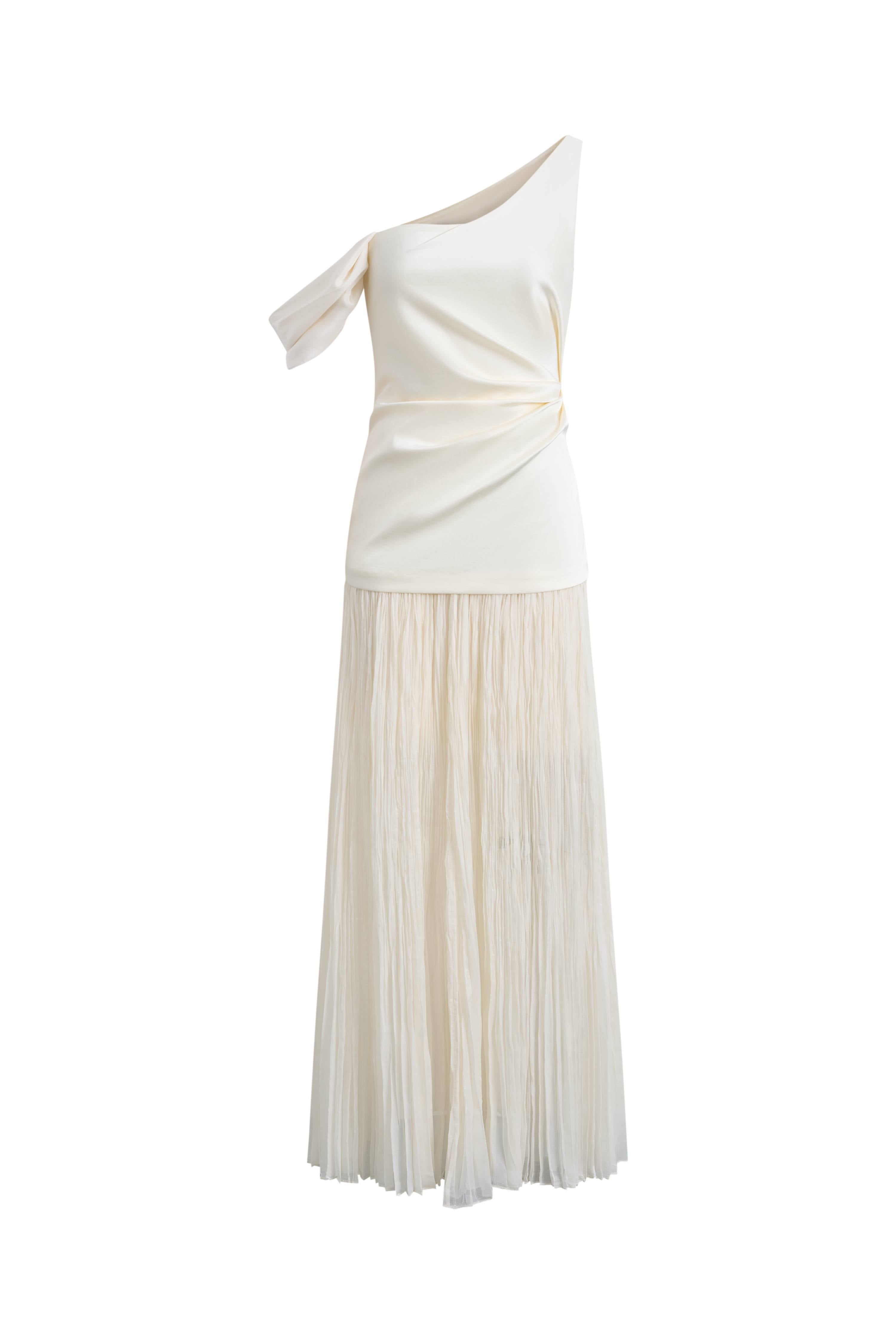Aura One Shoulder Ruched Pleated Maxi Dress in Mulberry Silk