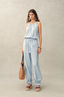 Hazel Boho Embroidery Jacquard Halterneck Sleeveless Top and Pants Set in Cotton