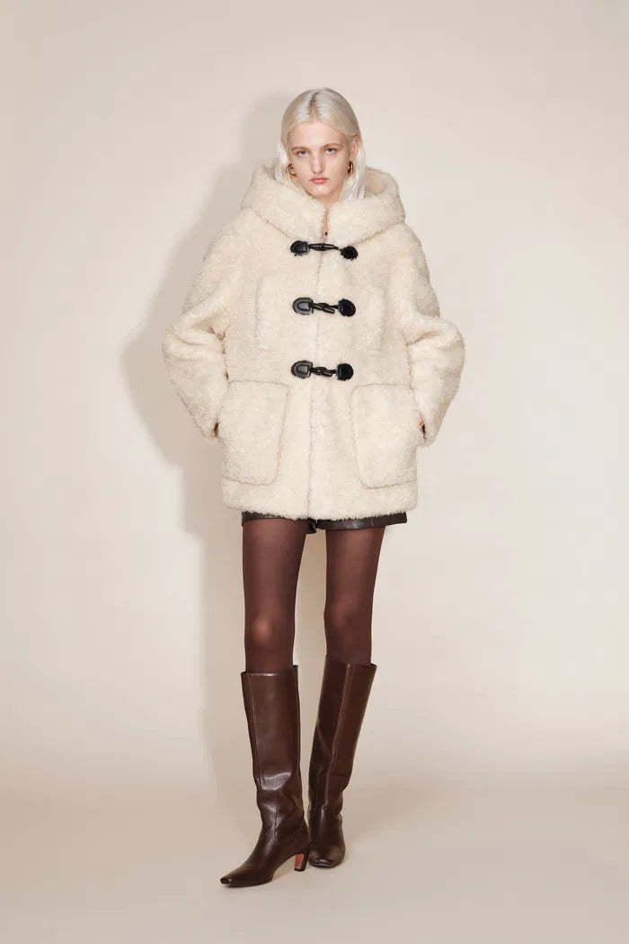 Cora Horn Button Hooded Jacket in 100% Merino Teddy Shearling