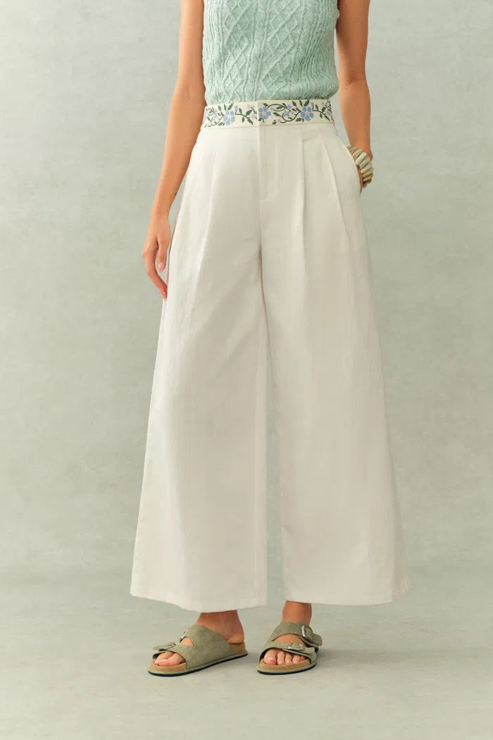 Danielle Waistband Embroidered Wide Leg Ankle Pants in Cotton Blend Texture