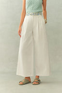 Danielle Waistband Embroidered Wide Leg Ankle Pants in Cotton Blend Texture