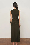 Delilah Olive Asymmetric Draped Sleeveless Dress in wool Blend Knit