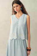Yori Floral Embroidery V Neck Sleeveless Top in Linen Blend