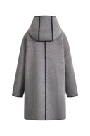 Vivien Horn Button Hooded Coat in Herringbone Wool Camel Down