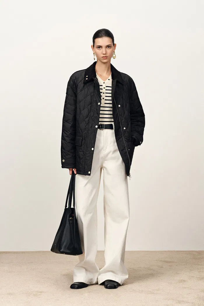 Isla Contrast Collar Quilted Down Jacket in Water-Resistant Cotton