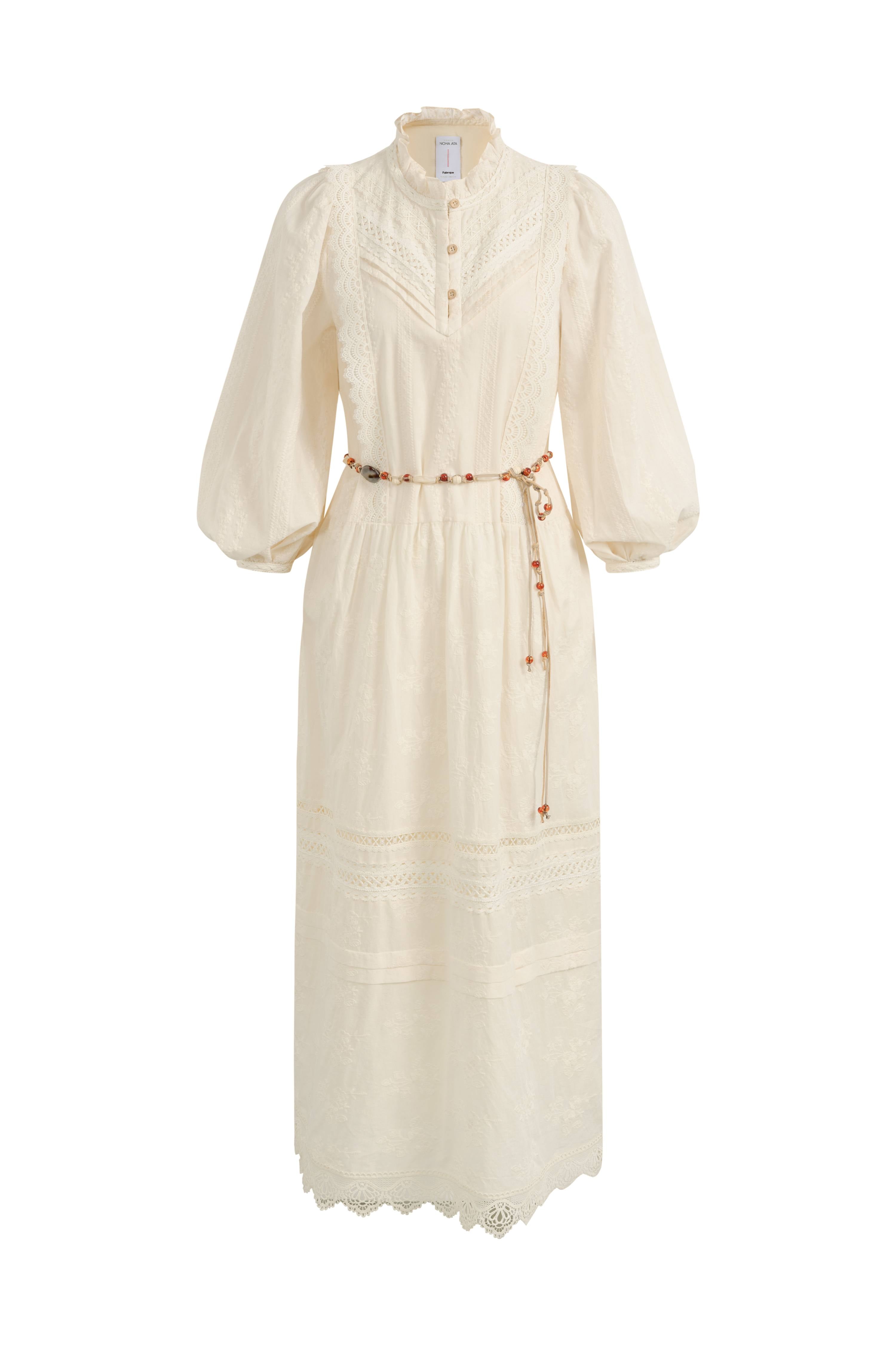 Lyra Embroidery Beaded Waist Puff Sleeve Dress in Cotton Jacquard with Lace XL