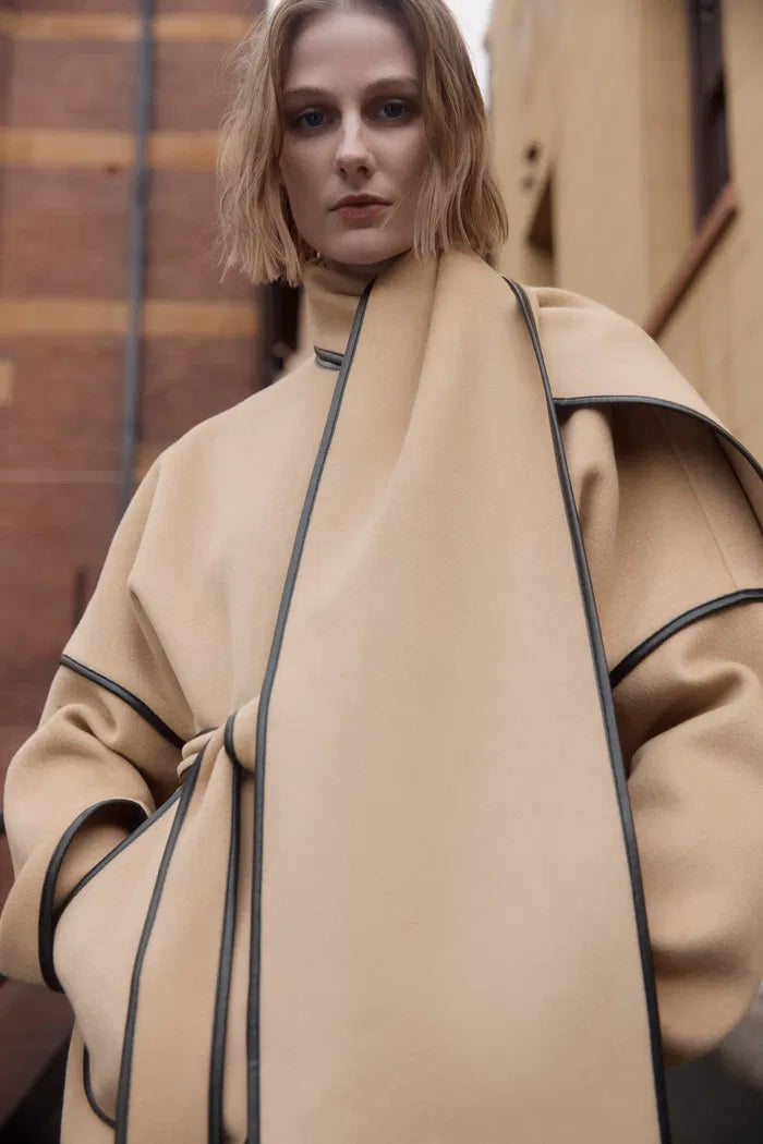 Lycoris Leather Trim Double Face Wool Coat in Merino Cashmere