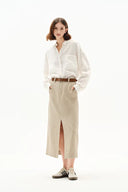 Lauren High Rise Midi Skirt in Dew Retted French Linen