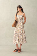 Scarlett Handpainted Waterlily Square Neck Fitted Sleeveless Dress in Cotton