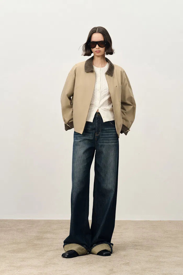 June Contrast Corduroy Collar Quilted Short Jacket in Cotton Twill