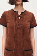 Nevaeh Hand Applied Contrast Leather Trim Short Dress in Ultrasuede