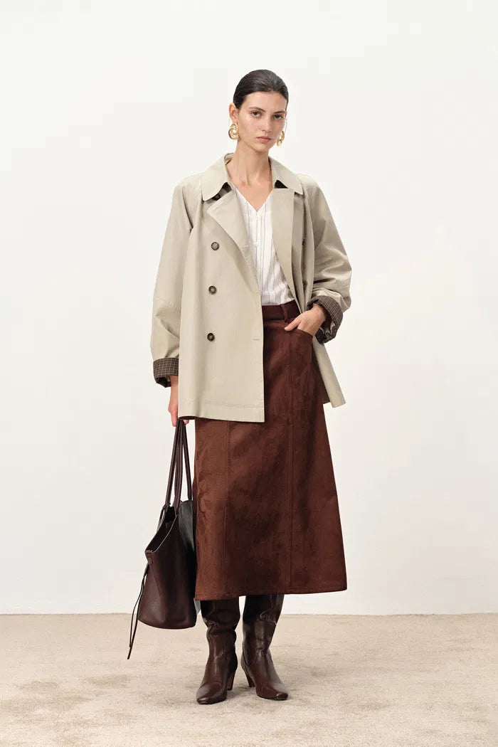 Catelo Double Breasted Leather Belted Short Trench Coat in Wrinkle Resistant Cotton