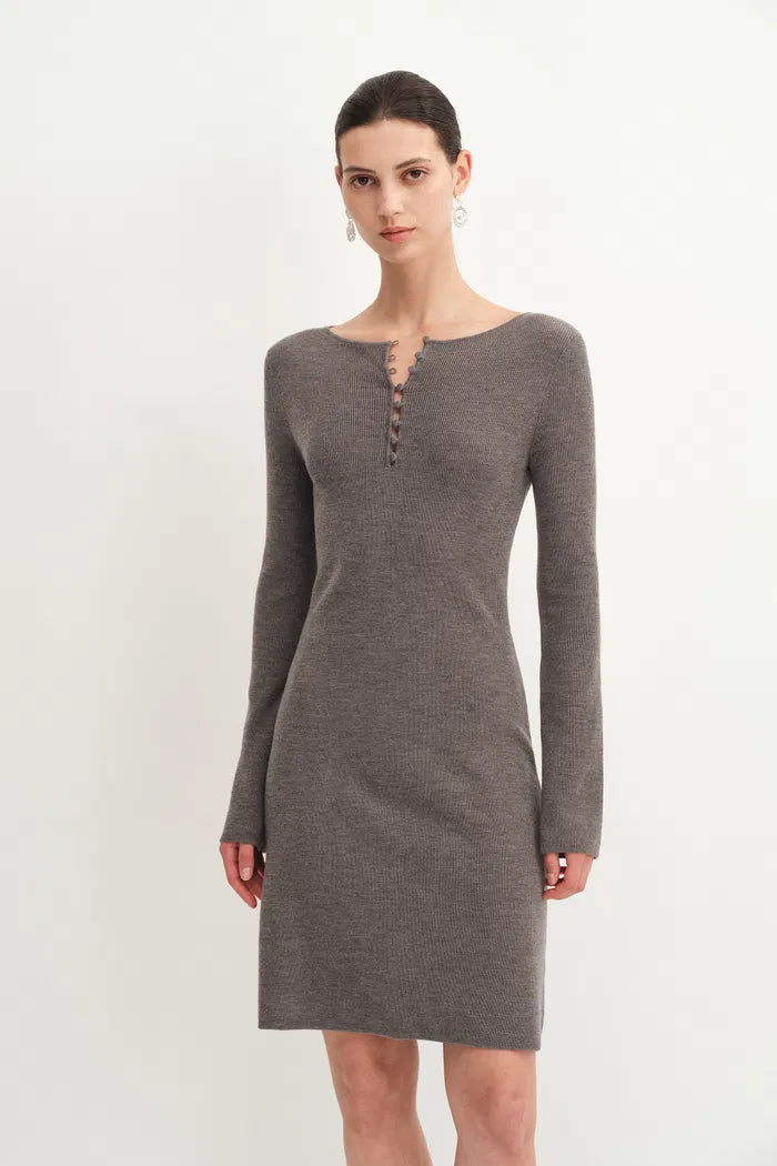 Emily Grey Henley Collar Fitted Short Dress in Merino Wool Knit M Emily Grey Henley Collar Fitted Short Dress in Merino Wool Knit M