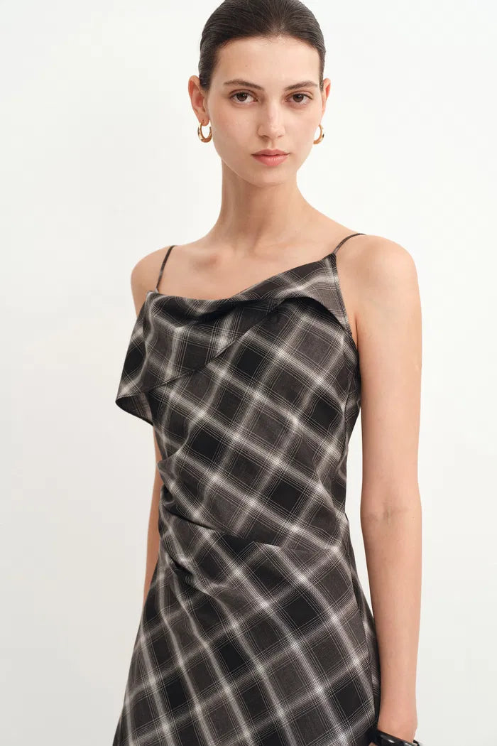 Anna Slanted Checkered Strap Dress in Fine Wool Blend XS Anna Slanted Checkered Strap Dress in Fine Wool Blend XS