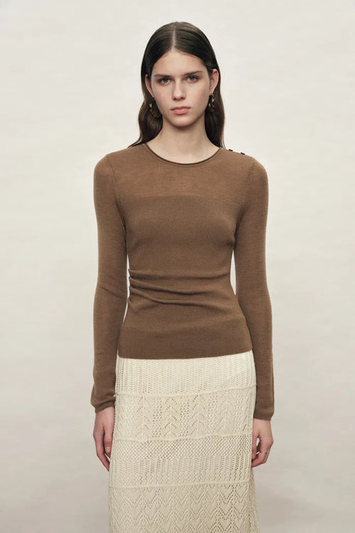 Mariselle Crew-Neck Fitted Long Sleeve Top in Merino Wool Knit