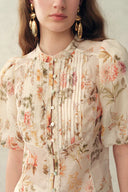 Floris Floral Print Sheer Lace Top in Silk Linen Blend