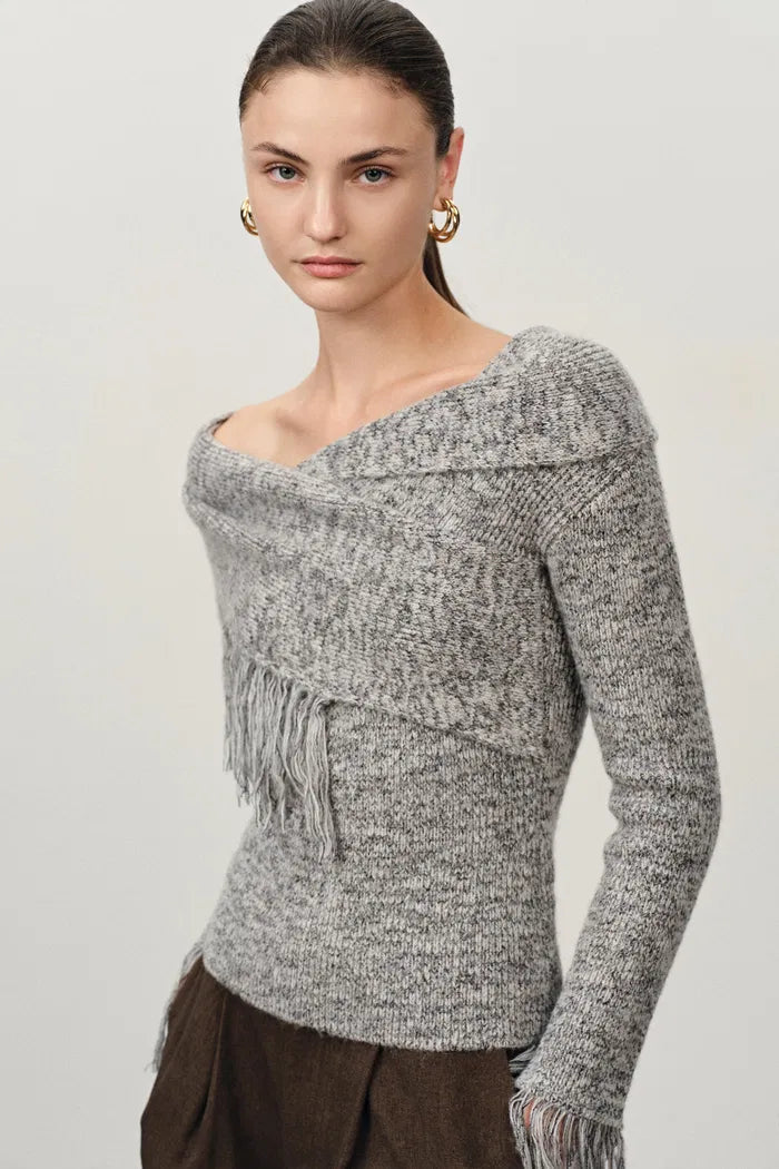 Luna Cold Shoulder Floral Tulle Tassel Sweater in Merino Wool