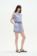 Nino Contrast Collar Sleeveless Shirt Top and Short Matching Set in Cotton Poplin