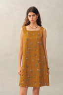 Mary Floral Square Neck Sleeveless Short Strap Dress in Linen Blend
