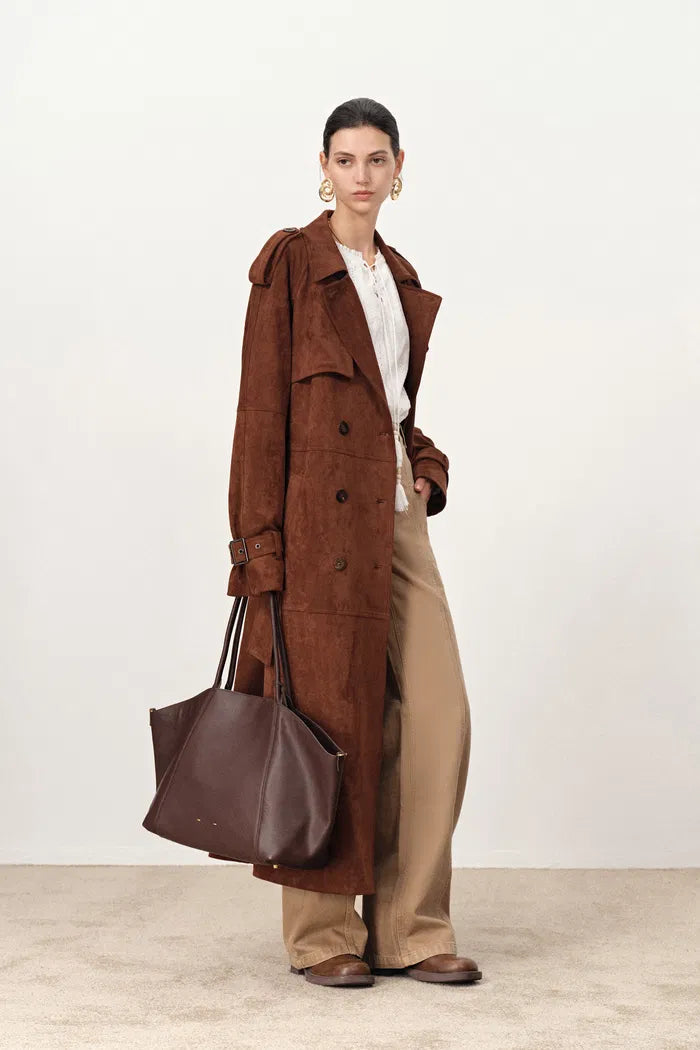 Tilda Detachable Epaulette  Trench Coat in Faux Suede