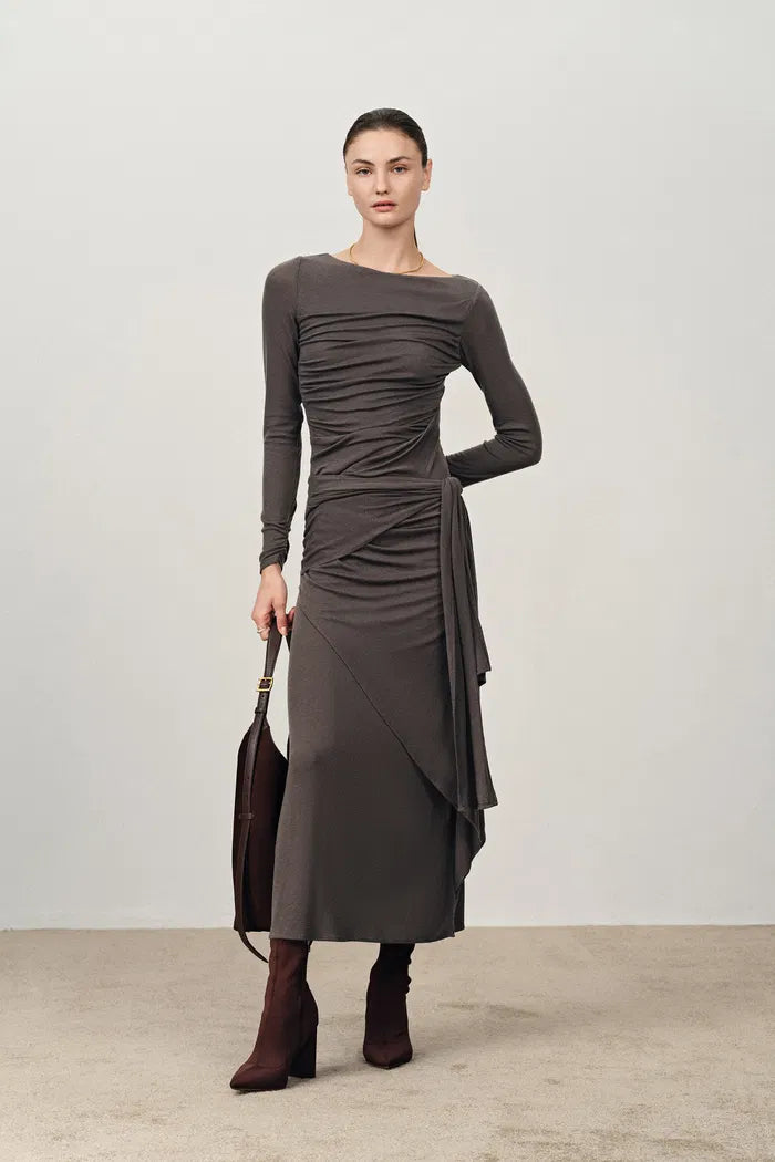 Viet Runched Pleated Long Sleeve Maxi Dress in Tencel Merino Knit