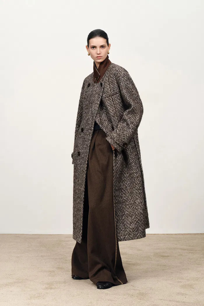 Audrey Plaid Wool Coat in Herringbone Merino Wool