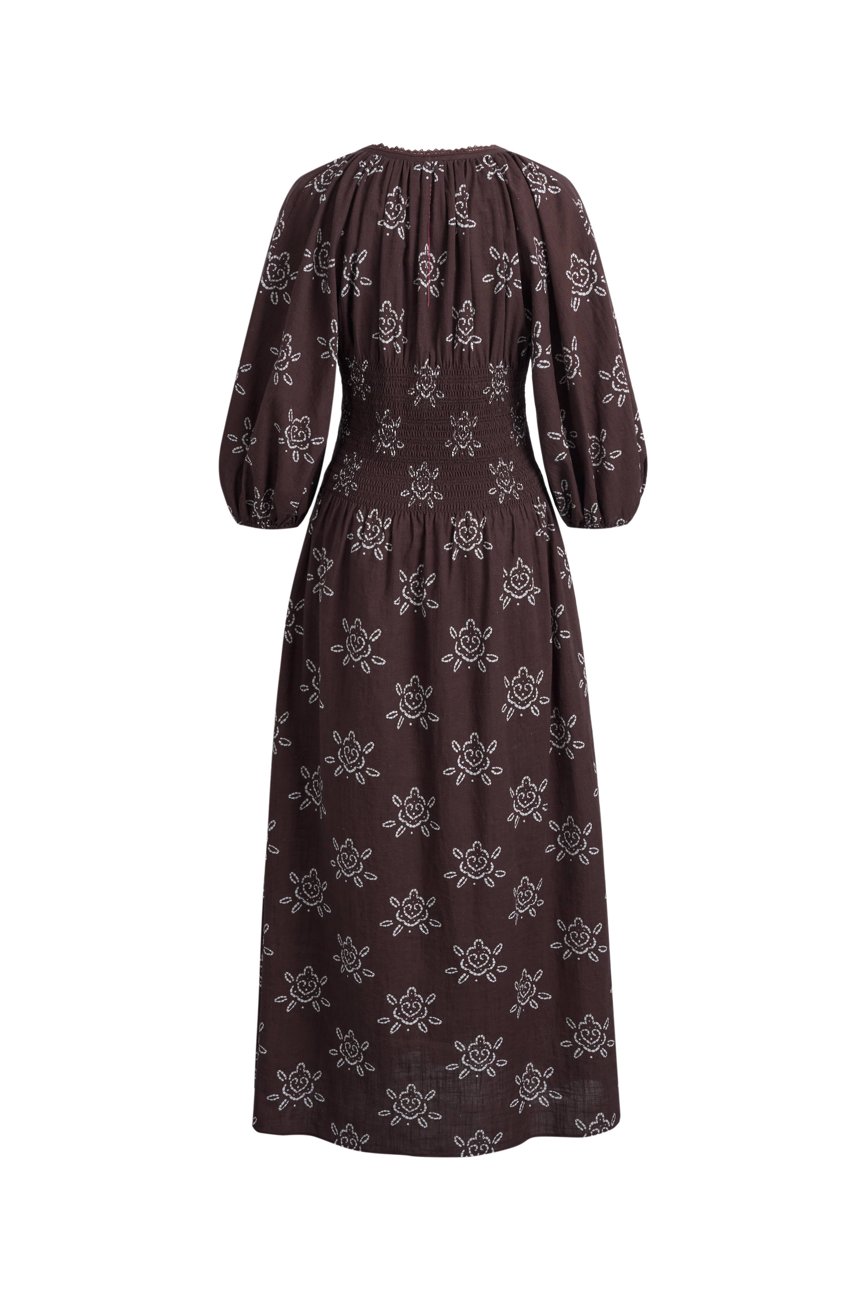 floral smocked puff sleeve midi dress Black Floral Smocked Puff Sleeve Midi Dress