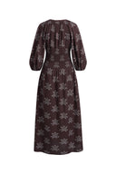Cleo Smocked Handpainted Floral Puff Sleeve Midi Dress in Cotton