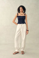 Siena Smocked Tie Front Bandeau Top and Maxi Skirt Set in Linen Blend-Dark Blue