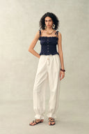 Siena Smocked Tie Front Bandeau Top and Maxi Skirt Set in Linen Blend-Dark Blue